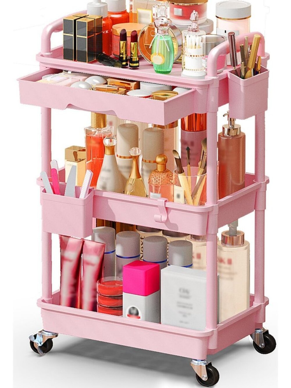 Rolling Makeup Organizer Cart with Drawers - Skincare & Cosmetics Storage, Pink